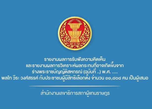 รายงานผลการรับฟังความคิดเห็นและรายงานผลการวิเคราะห์ผลกระทบที่อาจเกิดขึ้นจากร่างพระราชบัญญัติสหกรณ์ (ฉบับที่ ..) พ.ศ. .... (พลโท วีระ วงศ์สรรค์ กับประชาชนผู้มีสิทธิเลือกตั้ง จำนวน ๑๑,๘๐๘ คน เป็นผู้เสนอ